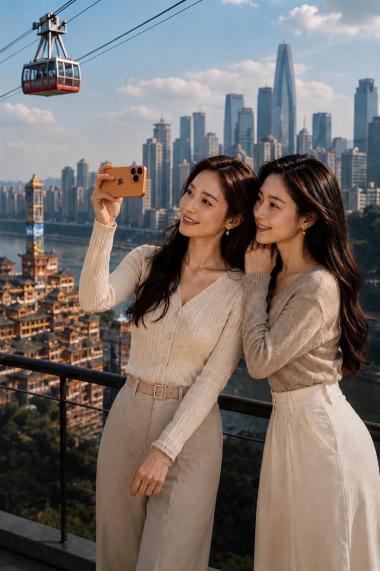 Friends taking a selfie with Chongqing skyline
